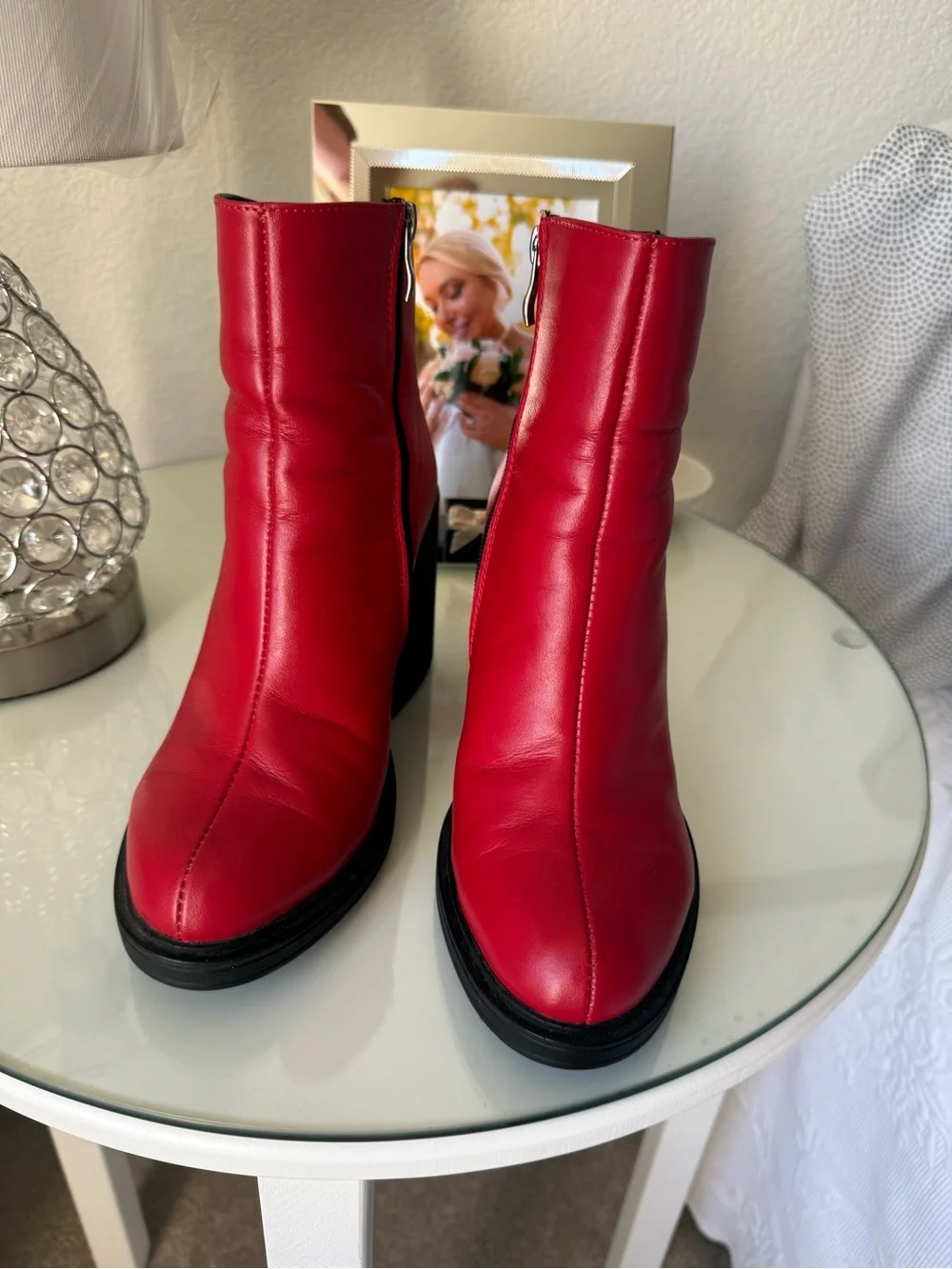 Red Leather Block Heel Ankle Boots - Women size 8